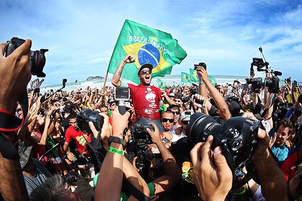 Filipe Toledo of Brasil (pictured) celebrates his win at the Oi Rio Pro in Barra De Tijuca, Rio, Brasil.
