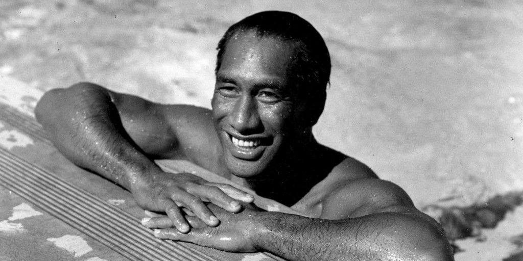 Duke Kahanamoku, Hawaiian Olympic swimmer, poses in a swimming pool in Los Angeles, Ca., on Aug. 11, 1933. (AP Photo)