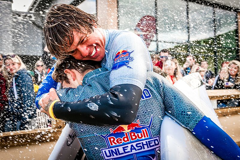 Event winner Albee Layer celebrates with second place Billy Starimand after winning Red Bull Unleashed in Surf Snowdonia, United Kingdom, on September 19, 2015