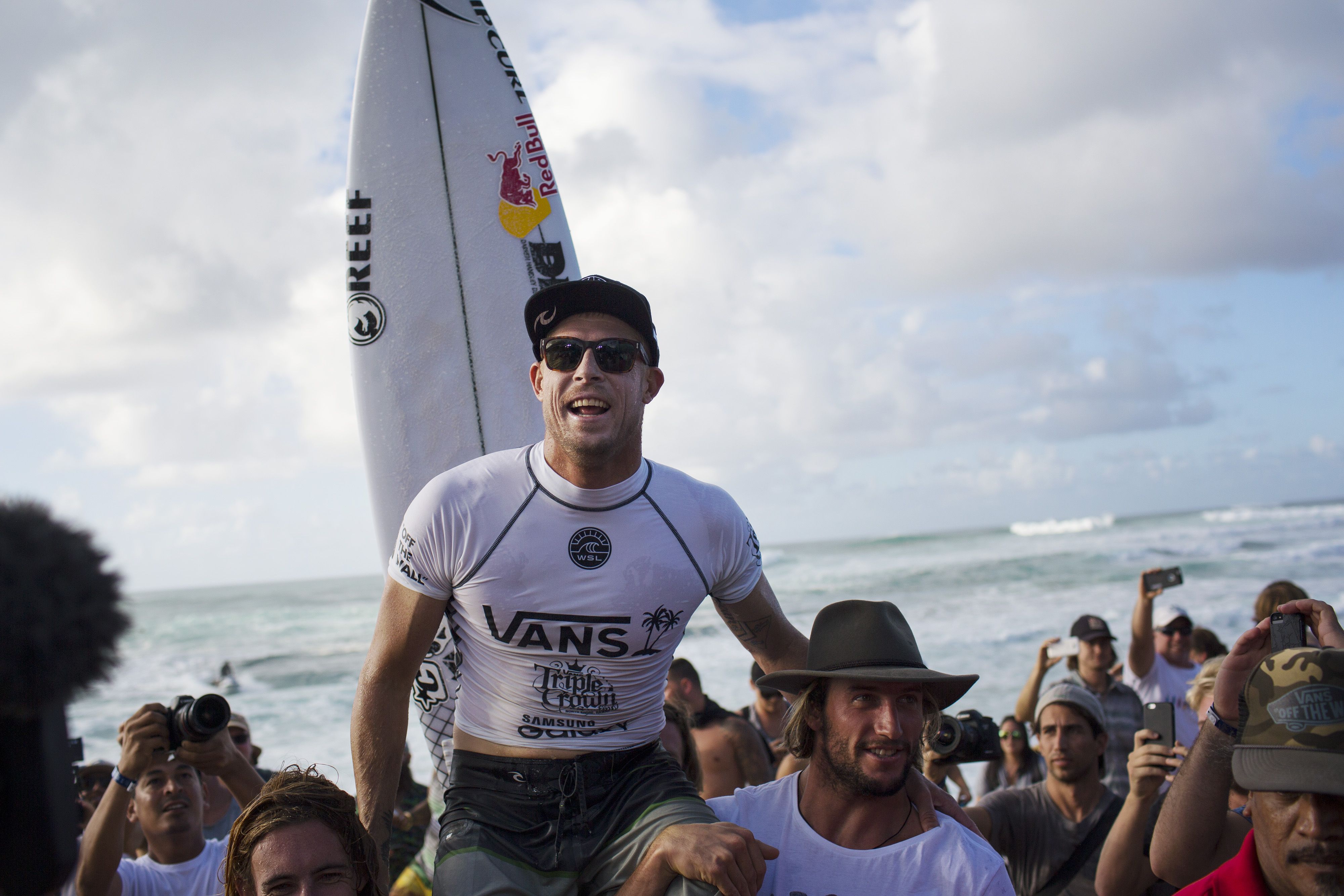 Mick Fanning celebrates his win at the Vans WOrld Cup of Surfing.