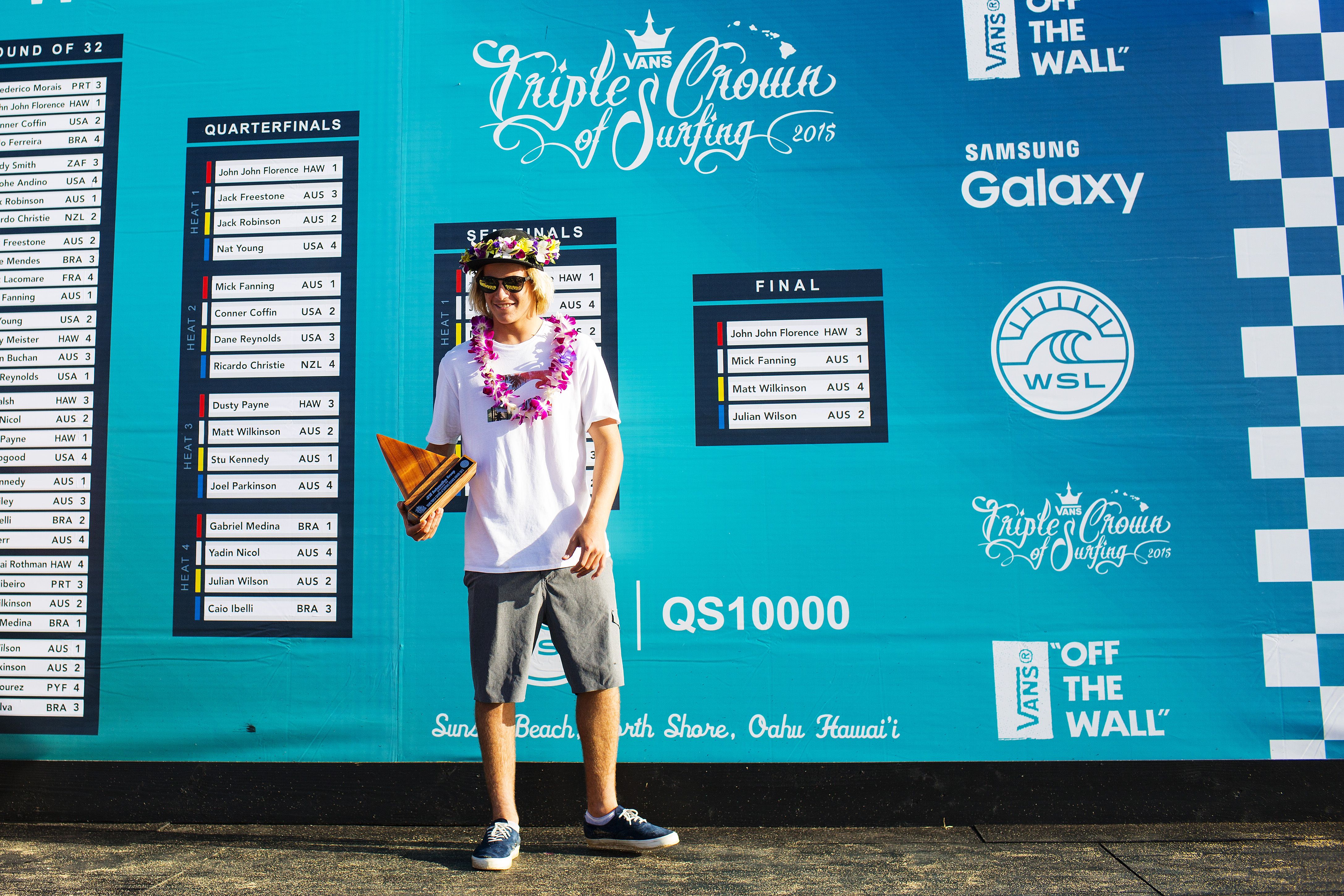 Jack Robinson of Australia winner of the JN Automotive Rookie of the Year Award at the Vans World Cup of Surfing at Sunset Beach, Oahu, Hawaii on Thursday December 3, 2015.