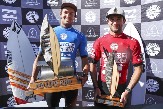 Conner O'Leary (red) of Australia defeated Joan Duru (blue) (pictured) in the final of Ballito Pro Presented by Billabong on Sunday July 3, 2016. PHOTO: © WSL / Cestari. SOCIAL : @wsl @KC80 This image is the copyright of the World Surf League and is provided royalty free for editorial use only, in all media now known or hereafter created. No commercial rights granted. Sale or license of the images is prohibited. This image is a factually accurate rendering of what it depicts and has not been modified or augmented except for standard cropping and toning. ALL RIGHTS RESERVED.